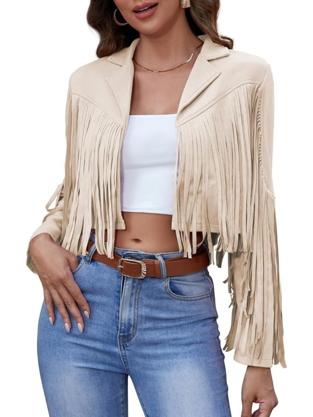 Women's Beige Casual Fringe Tops Tassel Faux Suede Cropped Motorcycle Jacket